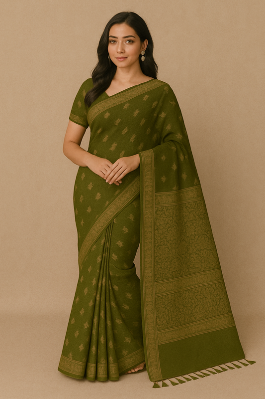 Woman wearing an elegant olive green handloom cotton saree with golden motifs and traditional border – ideal for festive and daily wear.