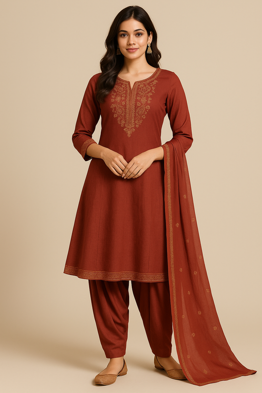 Woman wearing rust red embroidered salwar suit with dupatta and Patiala pants