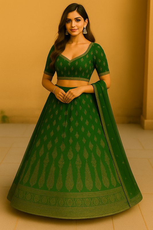 Woman wearing a traditional green brocade silk lehenga choli set with gold motifs and matching dupatta