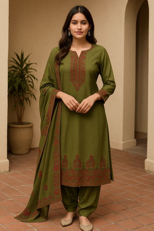 Woman wearing olive green cotton suit set with maroon embroidery, traditional ethnic outfit with dupatta