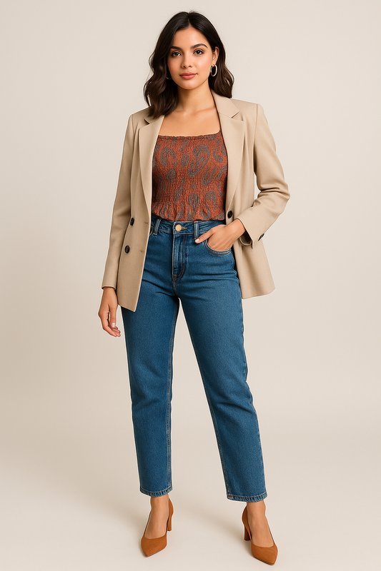 Women's casual outfit featuring beige blazer, rust printed top, and blue jeans