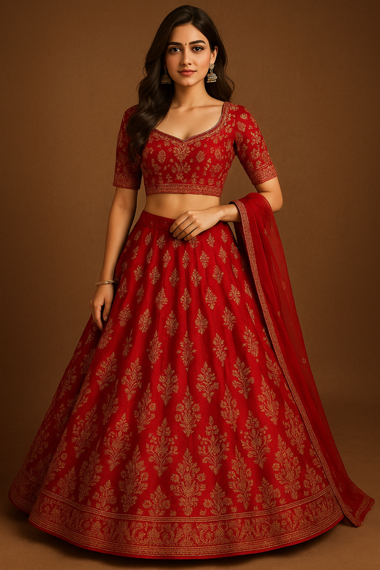 Maroon Banarasi silk lehenga choli with golden embroidery and matching dupatta for wedding or festive wear