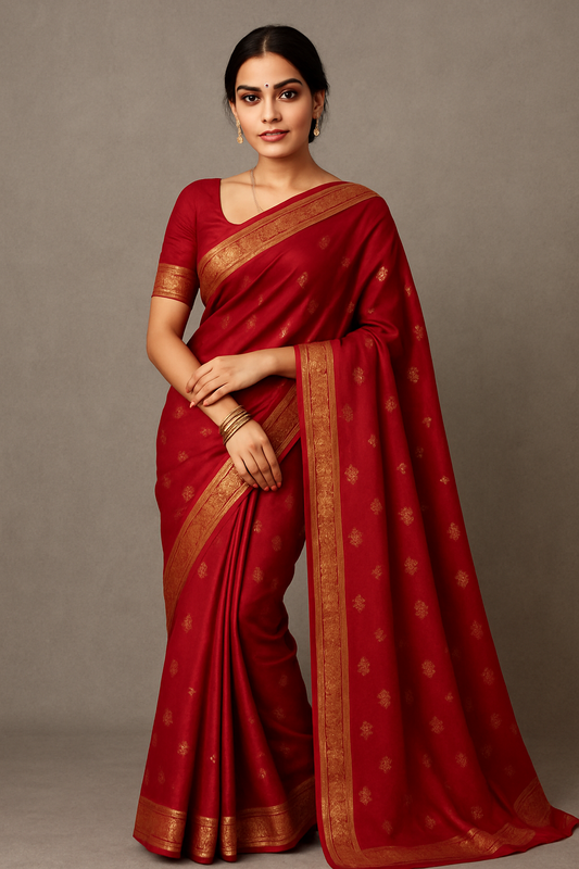 Woman wearing maroon silk saree with golden zari border – traditional Indian festive wear