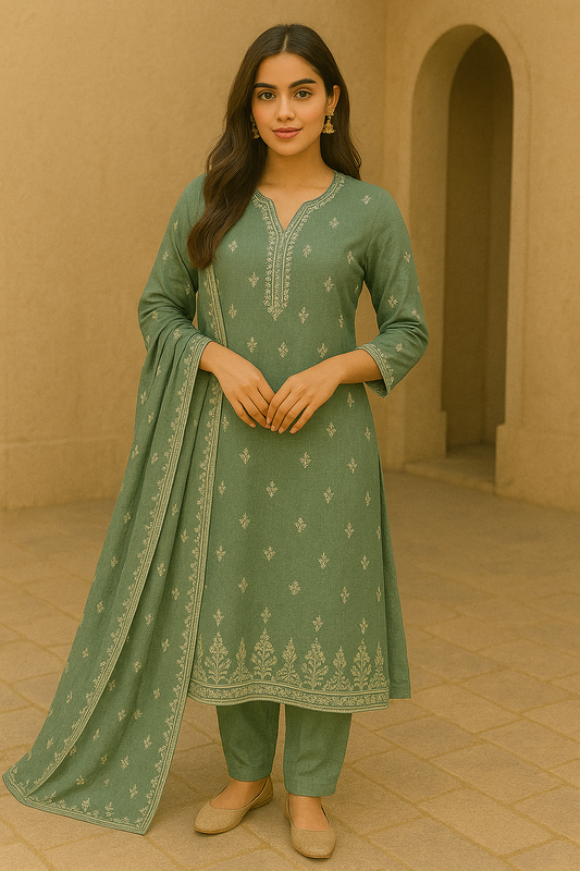 Woman wearing a sage green embroidered kurta set with matching pants and dupatta