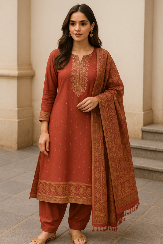 Woman wearing elegant maroon embroidered ethnic suit set with matching dupatta