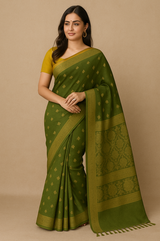 Woman wearing an elegant olive green Banarasi soft cotton saree with mustard blouse, showcasing traditional Indian ethnic wear.