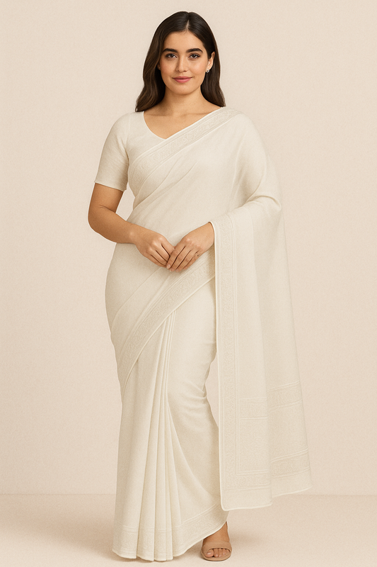 Woman wearing elegant cream white pure cotton saree with subtle woven border design