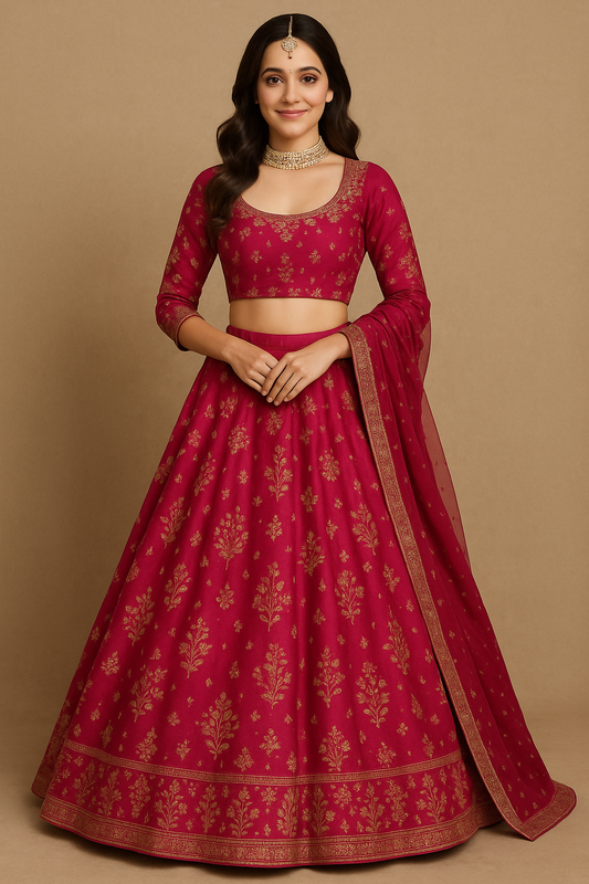 Woman wearing a maroon Banarasi silk lehenga choli with gold floral motifs and matching dupatta