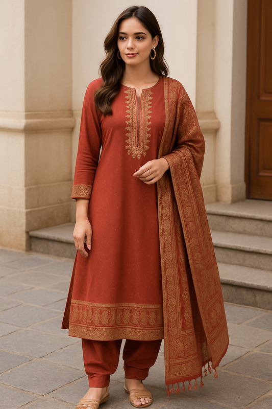Woman wearing elegant maroon cotton embroidered kurta set with jacquard dupatta