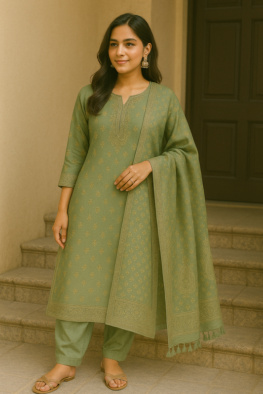 Woman wearing an elegant olive green printed cotton kurta set with matching dupatta and pants