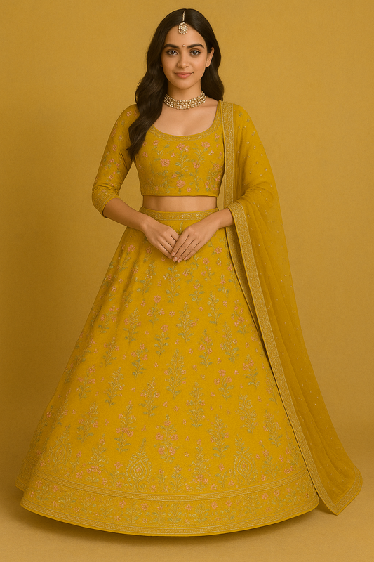 Woman wearing mustard yellow embroidered lehenga set with dupatta