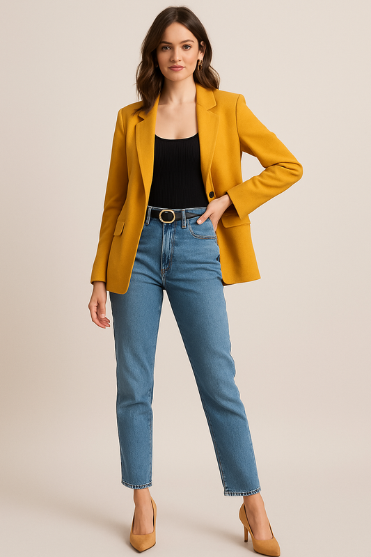 Woman wearing a mustard yellow blazer, black tank top, and high-waisted blue jeans with mustard heels.