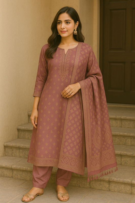 Woman wearing elegant mauve cotton suit set with gold print, kurta pant and dupatta, standing on steps.