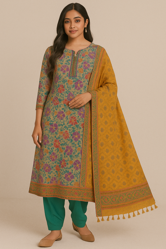 Woman wearing a green floral printed kurta set with mustard yellow dupatta and green pants