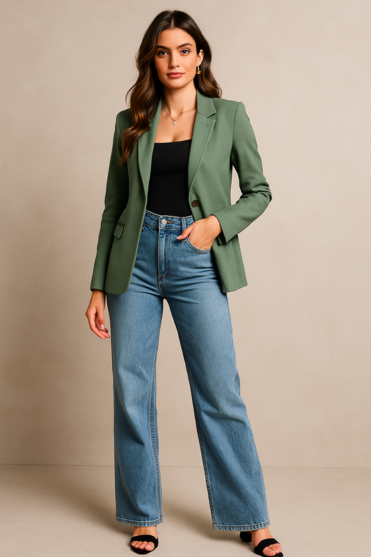 Woman wearing sage green blazer with high-waisted wide-leg jeans