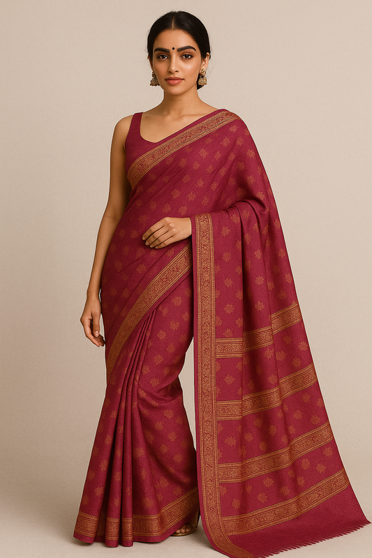 Maroon Banarasi saree with golden zari work and traditional motifs, draped on a model with matching accessories
