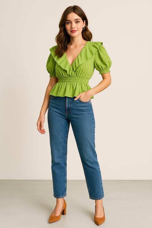 Woman wearing green ruffle peplum top with puff sleeves and v-neck