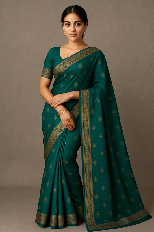 Woman wearing teal green silk saree with golden zari border – traditional Indian festive wear