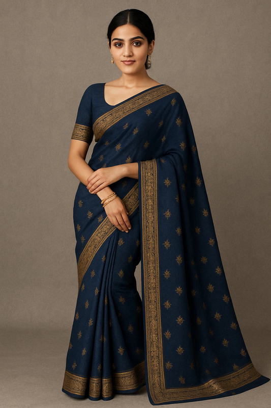 Elegant woman wearing a navy blue Banarasi silk saree with gold woven motifs and matching blouse