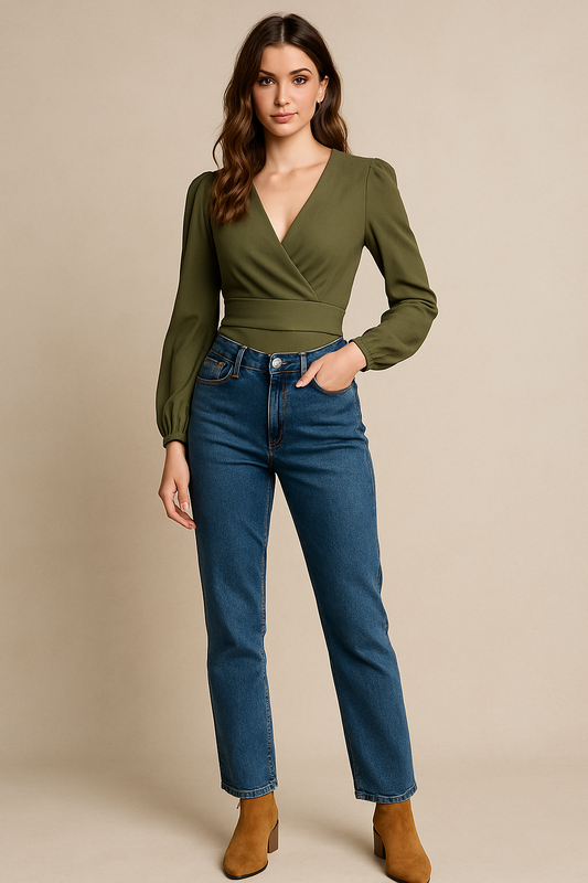 Woman wearing olive green wrap bodysuit top with long sleeves and denim jeans