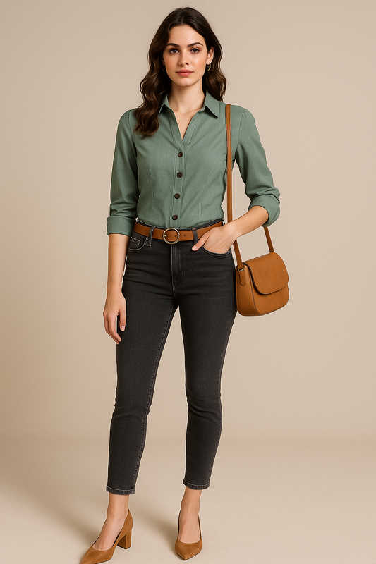 Woman wearing a tailored green button-up shirt with black jeans and tan accessories