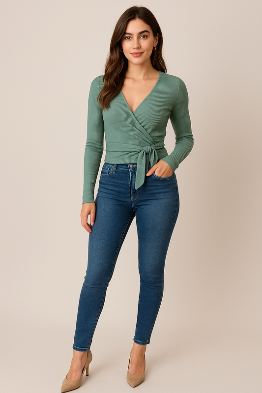 Sage green wrap-front ribbed knit top with tie detail, worn by woman