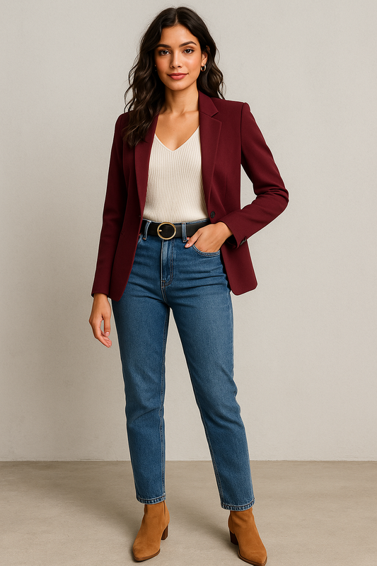 Woman wearing a burgundy tailored blazer with jeans and tan ankle boots