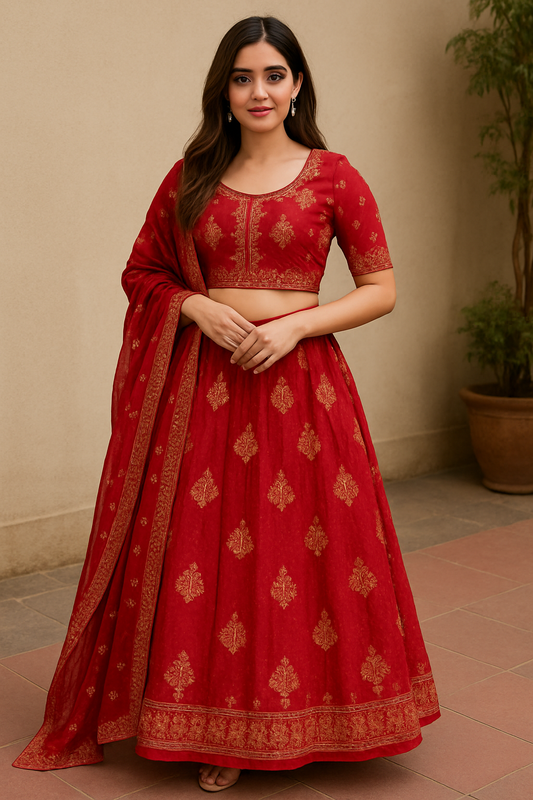 Woman wearing maroon lehenga choli with golden ethnic print and matching dupatta