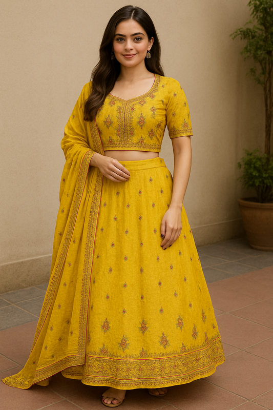 Woman wearing a mustard yellow embroidered lehenga set with crop top, flared skirt, and dupatta
