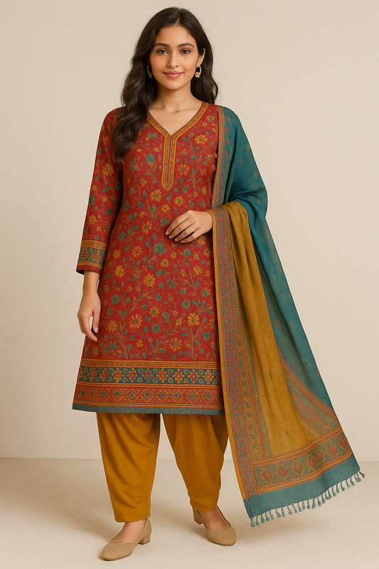 Woman wearing rust floral printed kurta with mustard pants and teal-mustard dupatta – ethnic wear set