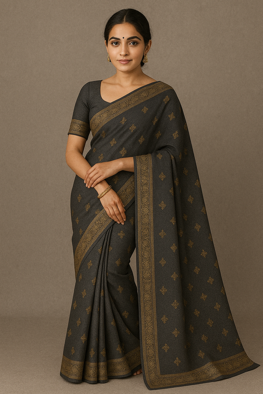 Charcoal grey handloom cotton saree with antique gold zari border worn by a woman