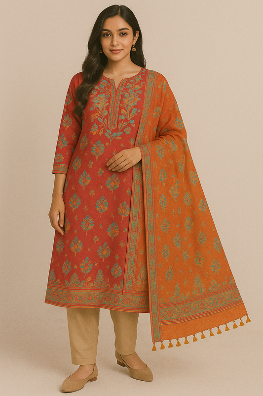 Woman wearing rust orange ethnic kurta set with printed dupatta and beige pants, traditional Indian outfit