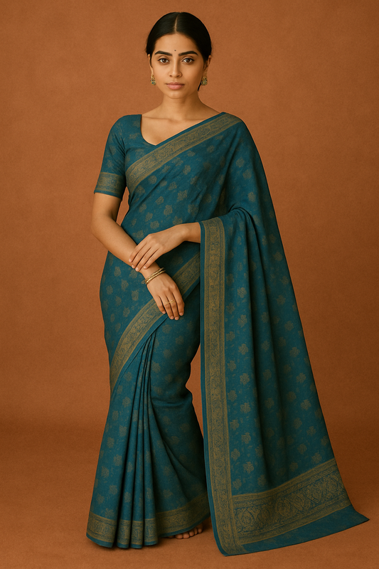 Model wearing teal handloom saree with antique gold zari border – traditional Indian festive wear
