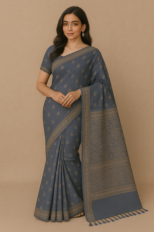 Model wearing an elegant charcoal blue handwoven saree with gold zari buta work and tassel pallu – traditional Indian ethnic wear