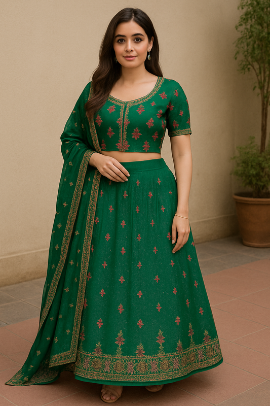 Woman wearing elegant green embroidered lehenga choli set with dupatta