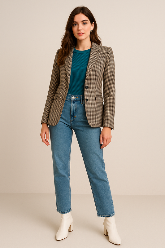Woman wearing a checked blazer, teal knit top, high-waisted blue jeans, and ivory boots