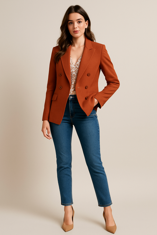 Rust Orange Tailored Blazer with Floral Top and Skinny Jeans for Women