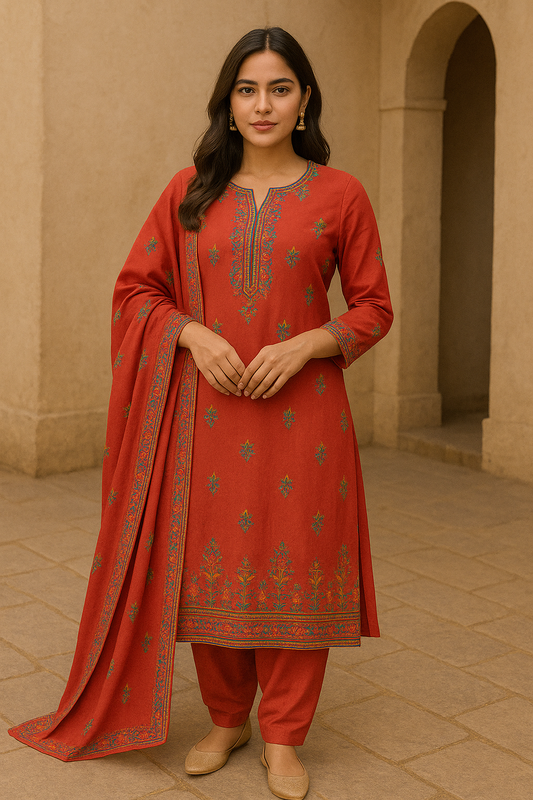 Woman wearing rust red cotton kurta set with floral prints and dupatta