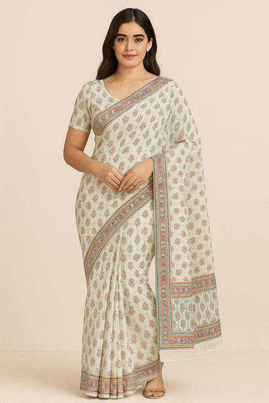 Elegant woman wearing cream floral printed cotton saree with multicolor woven border