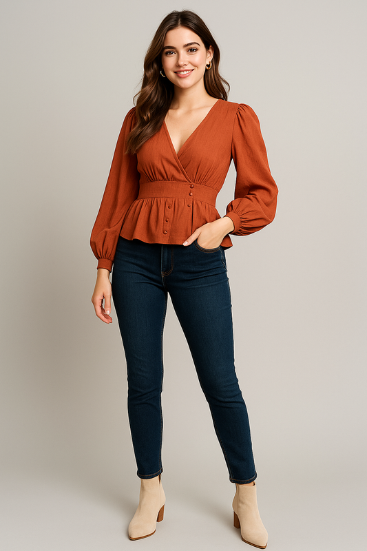 Woman wearing a rust orange wrap peplum blouse with puff sleeves and dark skinny jeans