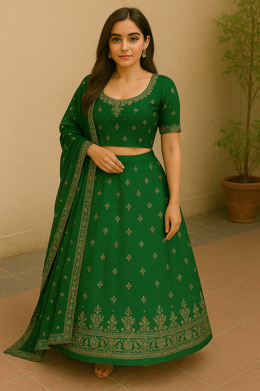 Woman wearing green embroidered lehenga set with matching dupatta for festive and wedding wear