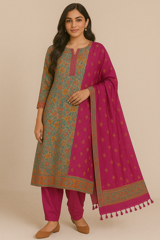 Woman wearing green floral print kurta set with magenta pants and dupatta