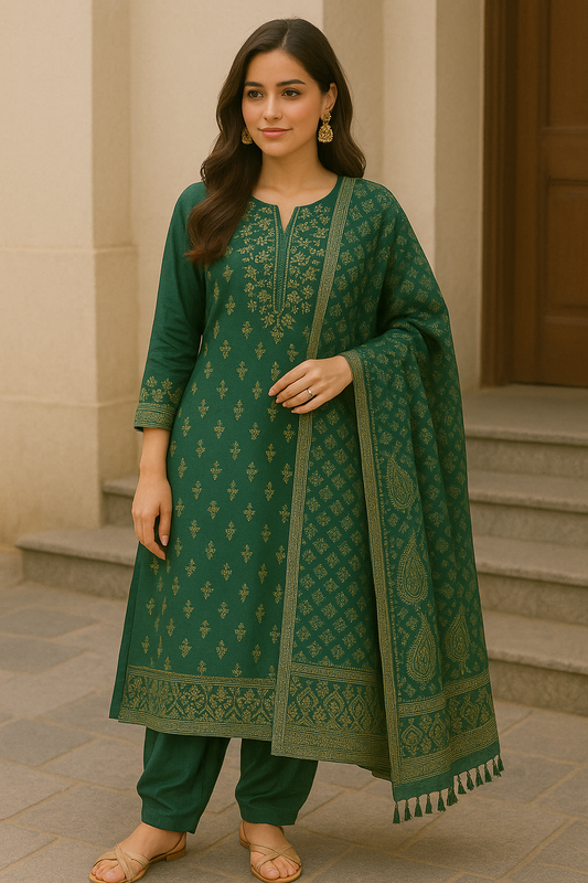 Woman wearing emerald green printed cotton kurta set with dupatta and gold earrings