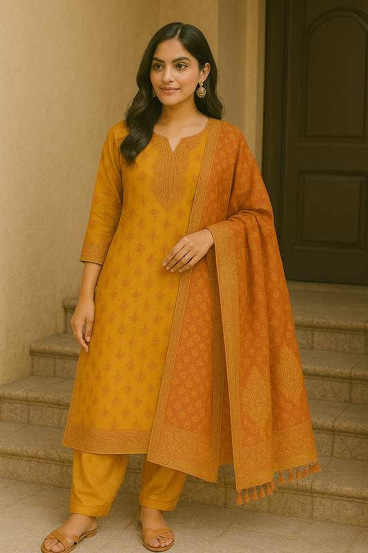 Woman wearing mustard printed cotton kurta set with rust-orange dupatta
