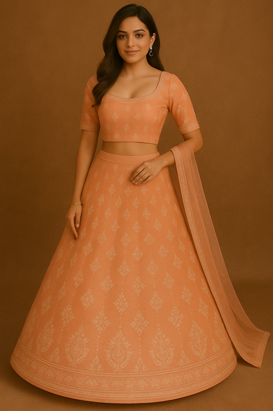 Woman wearing peach Banarasi silk lehenga choli with matching dupatta