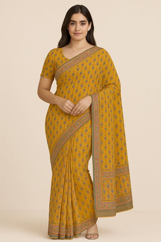 Woman wearing mustard yellow printed cotton saree with blue floral motifs and traditional multicolor border, perfect for daily and festive wear