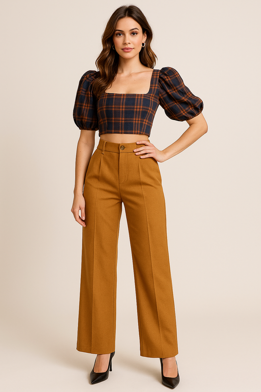 Model wearing a navy and rust plaid crop top with puff sleeves and camel wide-leg pants