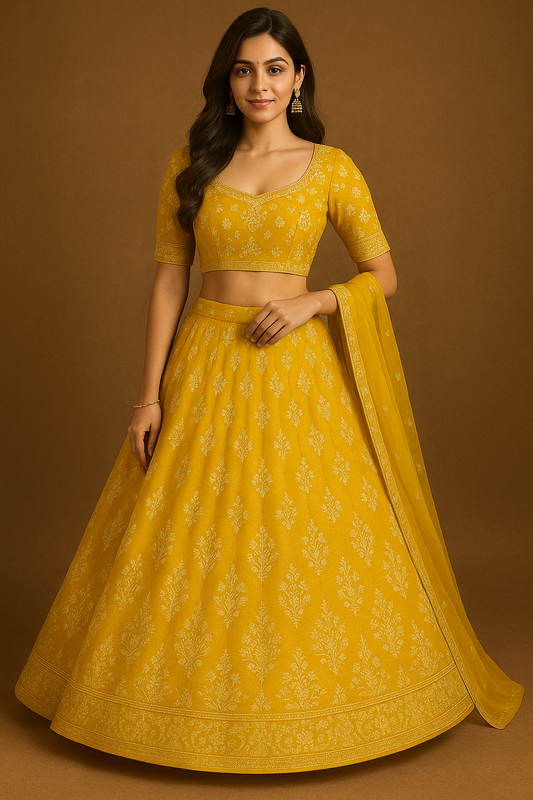 Woman wearing a mustard yellow embroidered silk lehenga choli set with dupatta