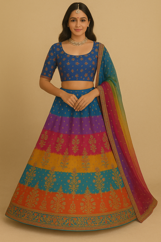Woman wearing multicolor Banarasi silk lehenga choli with embroidered dupatta