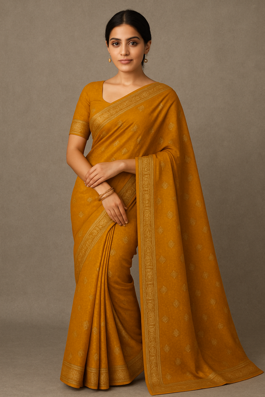 Woman wearing mustard yellow handloom cotton saree with zari border, traditional ethnic Indian look.